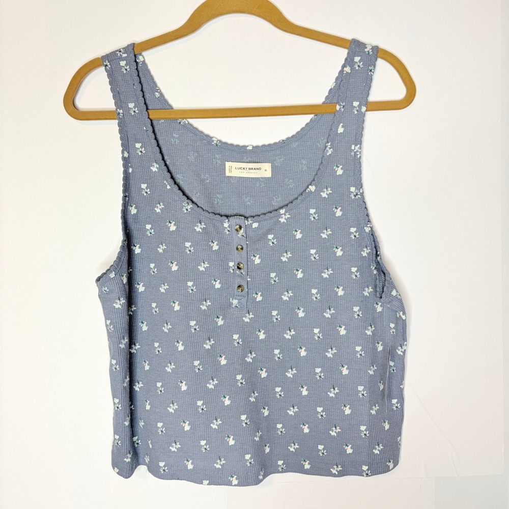Lucky Brand NWT Henley Tank Top XL Cottagecore Blue Floral Waffle Knit Scallop